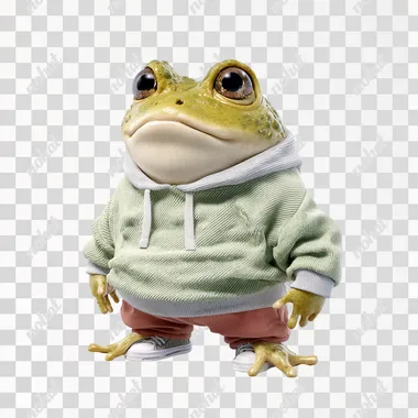 An anthropomorphic frog wearing a sweatshirt, looking stupid, round, with no highlights on the surface, on a transparent background, is depicted in the style of an anime character design by Akihiko Yoshida from Final Fantasy, surrounded by white space., Pixar style, simple, oc render , in by pop mart, hyper detail, 3d, blender, c4d, 8k
