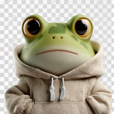 An anthropomorphic frog wearing a sweatshirt, looking stupid, round, with no highlights on the surface, on a transparent background, is depicted in the style of an anime character design by Akihiko Yoshida from Final Fantasy, surrounded by white space., Pixar style, simple, oc render , in by pop mart, hyper detail, 3d, blender, c4d, 8k
