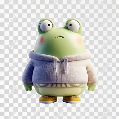 An anthropomorphic frog wearing a sweatshirt, looking stupid, round, with no highlights on the surface, on a transparent background, is depicted in the style of an anime character design by Akihiko Yoshida from Final Fantasy, surrounded by white space., Pixar style, simple, oc render , in by pop mart, hyper detail, 3d, blender, c4d, 8k