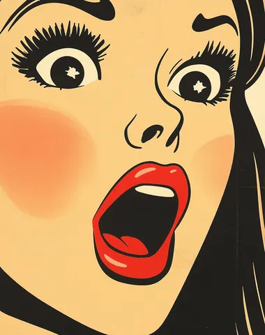 A comic book page with thick black lines, a close-up of an attractive woman's face in the style of vintage pop art. She is shocked and surprised by what you say to her, her mouth open as if speaking or laughing. She has long hair that falls over one shoulder. The coloring is simple, with a white background, low detail, bold lines, and no shading, in a clipart style.    txwpws8