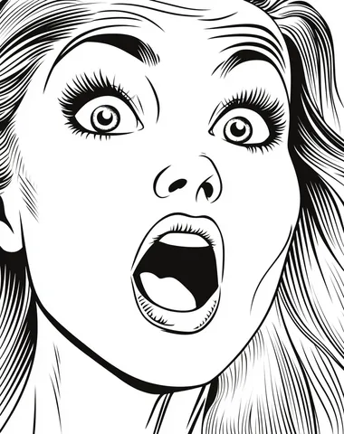 A comic book page with thick black lines, a close-up of an attractive woman's face in the style of vintage pop art. She is shocked and surprised by what you say to her, her mouth open as if speaking or laughing. She has long hair that falls over one shoulder. The coloring is simple, with a white background, low detail, bold lines, and no shading, in a clipart style.    txwpws8