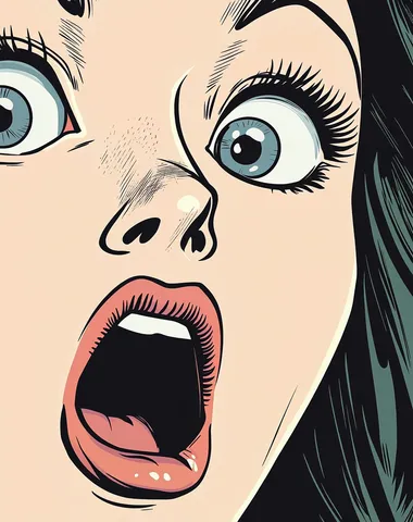 A comic book page with thick black lines, a close-up of an attractive woman's face in the style of vintage pop art. She is shocked and surprised by what you say to her, her mouth open as if speaking or laughing. She has long hair that falls over one shoulder. The coloring is simple, with a white background, low detail, bold lines, and no shading, in a clipart style.    txwpws8
