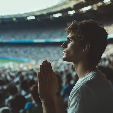 man, short brown hair, you can see his front side of the face, holding a massive prayer, for a world peace in Maracana stadium in brazil. Full body. You can see in background everyone is praying for peace. Pure love and joy. Forgiveness. Presence of god.