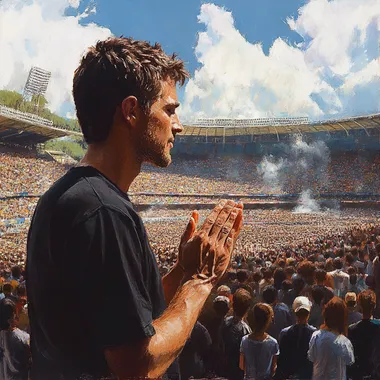 man, short brown hair, you can see his front side of the face, holding a massive prayer, for a world peace in Maracana stadium in brazil. Full body. You can see in background everyone is praying for peace. Pure love and joy. Forgiveness. Presence of god.
