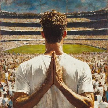 man, short brown hair, you can see his front side of the face, holding a massive prayer, for a world peace in Maracana stadium in brazil. Full body. You can see in background everyone is praying for peace. Pure love and joy. Forgiveness. Presence of god.