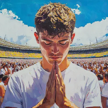 man, short brown hair, you can see his front side of the face, holding a massive prayer, for a world peace in Maracana stadium in brazil. Full body. You can see in background everyone is praying for peace. Pure love and joy. Forgiveness. Presence of god.