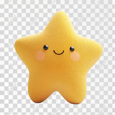 A lovely yellow star, has hands and feet, full body, cute, plush texture, Light blush, simple details, icon design, 3D rendering, studio Lighting, long main wood blanket material style, white clean background