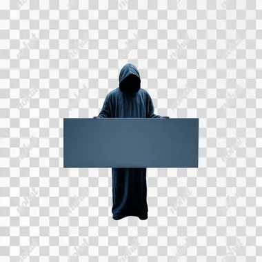 Hooded man holding large horizontal rectangular sign --s 50