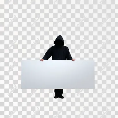 Hooded man holding large horizontal rectangular sign --s 50