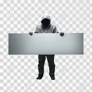 Hooded man holding large horizontal rectangular sign --s 50