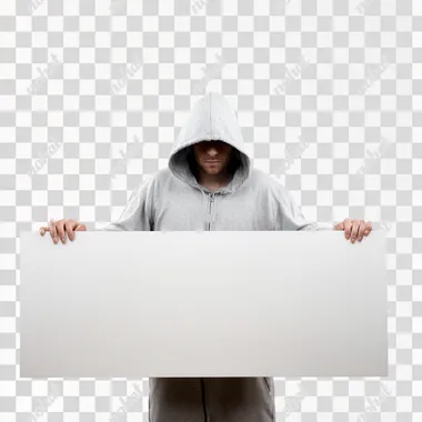 Hooded man holding large horizontal rectangular sign --s 50