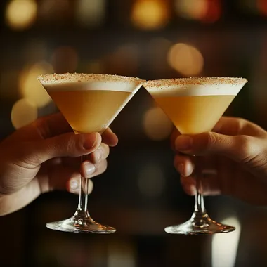two hands holding two frothy orange martini's must look like a club like photo, high energy and realistic