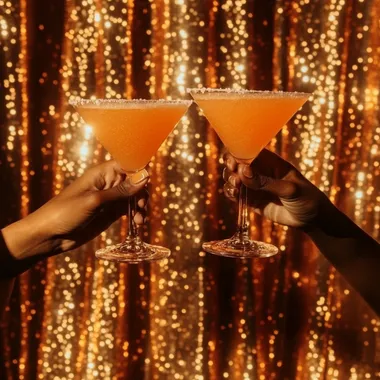 two hands holding two frothy orange martini's must look like a club like photo, high energy and realistic