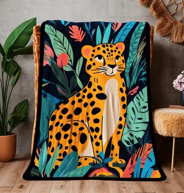 A playful animal-themed blanket design featuring an animal print leopard pattern, vibrant and colorful illustration style, oversized tropical plants such as monstera deliciosa and fuchsia calathea in sleek modern pots on streamlined side tables, and a charming cartoon cheetah character, executed in a modern minimalist vector art style with clean lines, subtle gradients, and pastel accents