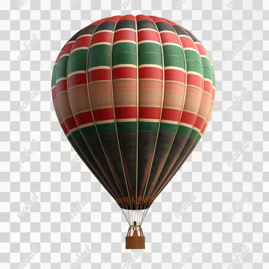 realistic Dark Red hot air ballon in the colors of Red And Green Strips, white background, super realistic