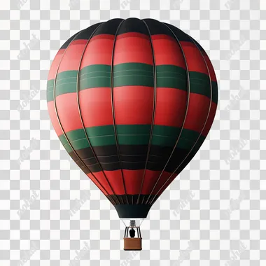 realistic Dark Red hot air ballon in the colors of Red And Green Strips, white background, super realistic