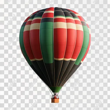 realistic Dark Red hot air ballon in the colors of Red And Green Strips, white background, super realistic