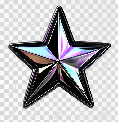 3D chromed metalic star with black and holographic iridescent reflections, white background, clip art style, flat illustration, simple, minimalistic, 2D, high resolution, high detail, high definition, sharp focus, high quality