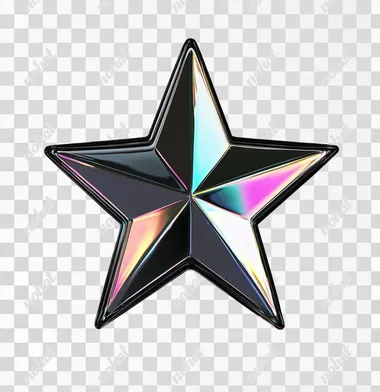 3D chromed metalic star with black and holographic iridescent reflections, white background, clip art style, flat illustration, simple, minimalistic, 2D, high resolution, high detail, high definition, sharp focus, high quality