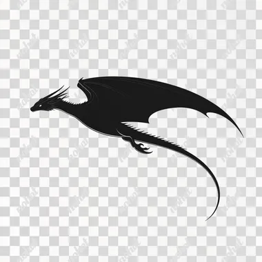 a dark fantasy illustration of a side view of a black dragon flying, isolated in white