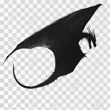 a dark fantasy illustration of a side view of a black dragon flying, isolated in white