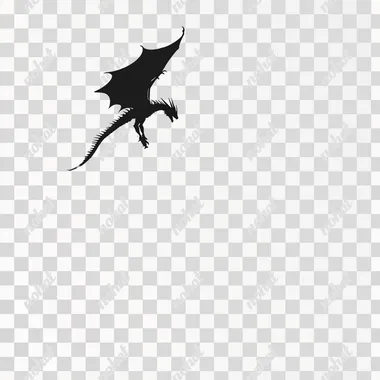 a dark fantasy illustration of a side view of a black dragon flying, isolated in white
