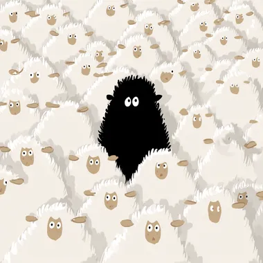 make a cartoon of a single black sheep in a herd of all white sheep
