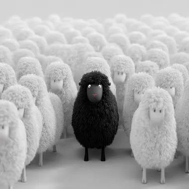 make a cartoon of a single black sheep in a herd of all white sheep