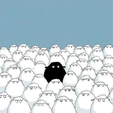 make a cartoon of a single black sheep in a herd of all white sheep