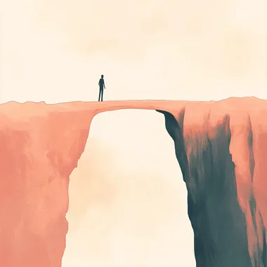 A minimalist conceptual illustration of a person standing at the edge of a cliff, looking at another cliff . A simple, elegant bridge connects the two cliffs. Clean lines, soft gradients, white background, dreamy, with blended soft pastel colors, creating a peaceful and motivating atmosphere