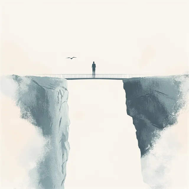 Person standing on a bridge over cliffs in serene minimalist landscape