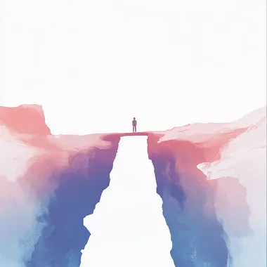 A minimalist conceptual illustration of a person standing at the edge of a cliff, looking at another cliff . A simple, elegant bridge connects the two cliffs. Clean lines, soft gradients, white background, dreamy, with blended soft pastel colors, creating a peaceful and motivating atmosphere