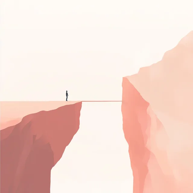 Person on a minimalist bridge between cliffs in a serene landscape