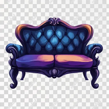 a game icon, a two-seat sofa, look inspired by League of Legends, fancy, the colours are blue and purple. front view, 2D