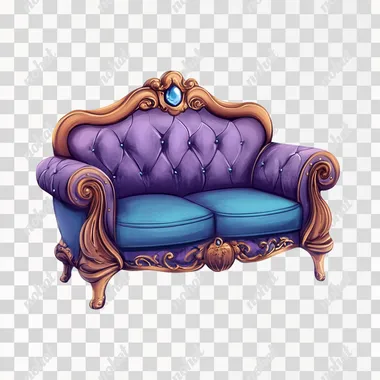 a game icon, a two-seat sofa, look inspired by League of Legends, fancy, the colours are blue and purple. front view, 2D