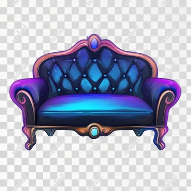 a game icon, a two-seat sofa, look inspired by League of Legends, fancy, the colours are blue and purple. front view, 2D