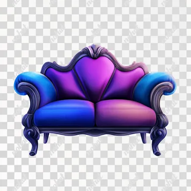 a game icon, a two-seat sofa, look inspired by League of Legends, fancy, the colours are blue and purple. front view, 2D