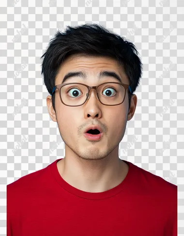 A handsome young Half-Japanese-USA man with short black hair, wearing red shirts , wears brown-rimmed eyeglasses, is making an expression of surprise or speechlessness in front of the camera against a vibrant, dark blue background. He has his mouth slightly open, as if he's about to say something. The photo captures him head-on, showcasing detailed facial features, including expressive eyes and slightly pouting lips. His outfit adds character to the overall composition.