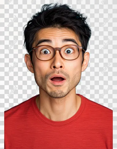 A handsome young Half-Japanese-USA man with short black hair, wearing red shirts , wears brown-rimmed eyeglasses, is making an expression of surprise or speechlessness in front of the camera against a vibrant, dark blue background. He has his mouth slightly open, as if he's about to say something. The photo captures him head-on, showcasing detailed facial features, including expressive eyes and slightly pouting lips. His outfit adds character to the overall composition.