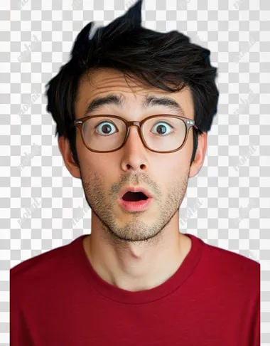 A handsome young Half-Japanese-USA man with short black hair, wearing red shirts , wears brown-rimmed eyeglasses, is making an expression of surprise or speechlessness in front of the camera against a vibrant, dark blue background. He has his mouth slightly open, as if he's about to say something. The photo captures him head-on, showcasing detailed facial features, including expressive eyes and slightly pouting lips. His outfit adds character to the overall composition.