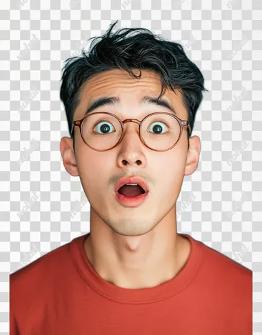 A handsome young Half-Japanese-USA man with short black hair, wearing red shirts , wears brown-rimmed eyeglasses, is making an expression of surprise or speechlessness in front of the camera against a vibrant, dark blue background. He has his mouth slightly open, as if he's about to say something. The photo captures him head-on, showcasing detailed facial features, including expressive eyes and slightly pouting lips. His outfit adds character to the overall composition.