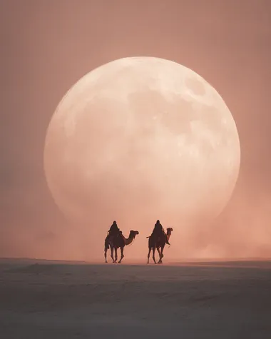 two travelers riding camels through a pale desert under a giant full moon, vast desert, camels barely visible on the horizon, soft pastel sky, mystical, cinematic composition, dreamy atmosphere, analog film look, minimal, surreal beauty, inspired by The Alchemist   --raw