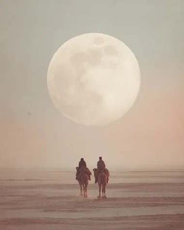 two travelers riding camels through a pale desert under a giant full moon, vast desert, camels barely visible on the horizon, soft pastel sky, mystical, cinematic composition, dreamy atmosphere, analog film look, minimal, surreal beauty, inspired by The Alchemist   --raw
