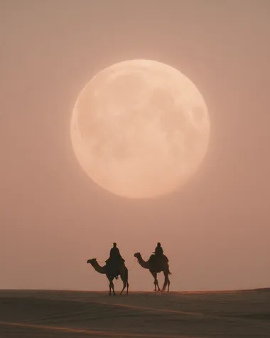 two travelers riding camels through a pale desert under a giant full moon, vast desert, camels barely visible on the horizon, soft pastel sky, mystical, cinematic composition, dreamy atmosphere, analog film look, minimal, surreal beauty, inspired by The Alchemist   --raw