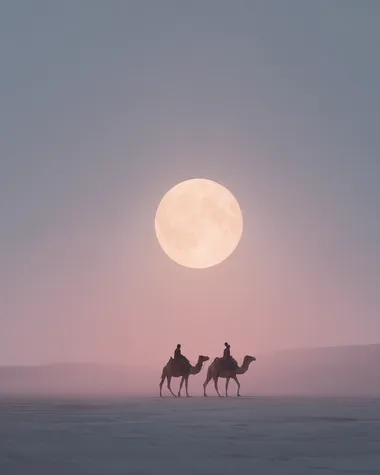 two travelers riding camels through a pale desert under a giant full moon, vast desert, camels barely visible on the horizon, soft pastel sky, mystical, cinematic composition, dreamy atmosphere, analog film look, minimal, surreal beauty, inspired by The Alchemist   --raw