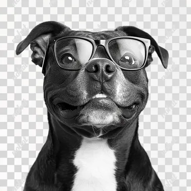 A black and white professional photography portrait of an smile Staffordshire Bull Terrier dog wearing spectacles. white background