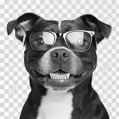 A black and white professional photography portrait of an smile Staffordshire Bull Terrier dog wearing spectacles. white background