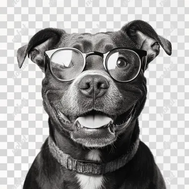 A black and white professional photography portrait of an smile Staffordshire Bull Terrier dog wearing spectacles. white background