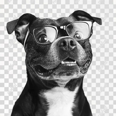 A black and white professional photography portrait of an smile Staffordshire Bull Terrier dog wearing spectacles. white background