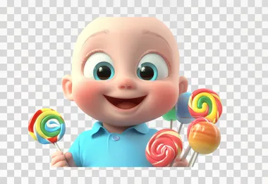 A cute baby, wearing a blue shirt, big beautiful eyes, smiling mouth, The baby has short hair and is bald on the top of their head. the baby is holding a lot of colorful lollipops, the baby is very happy, full body, white background, in the style of Pixar's cartoon style, 3D animation, High resolution, high detail, high quality